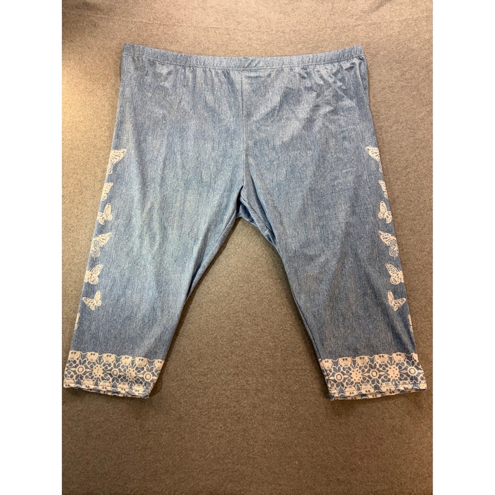 Blue Denim Print Butterfly Lace Hem Cropped Leggings Plus Size 6XL